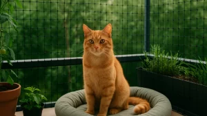 Kot na zabezpieczonym balkonie z siatką i roślinami