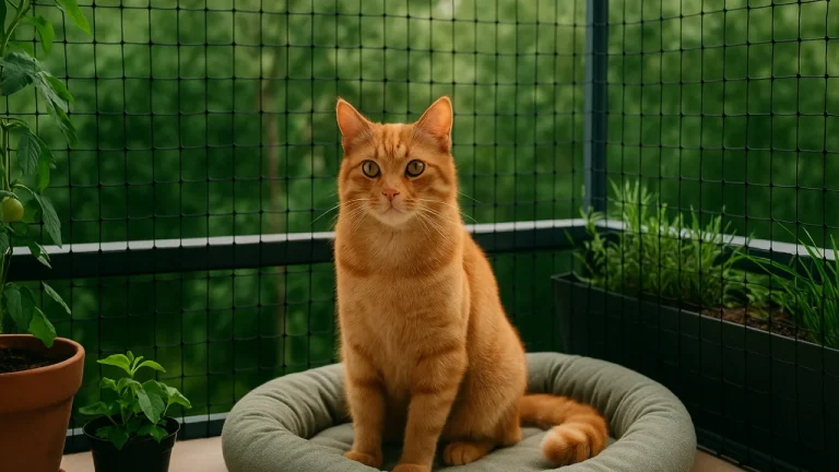 Kot na zabezpieczonym balkonie z siatką i roślinami