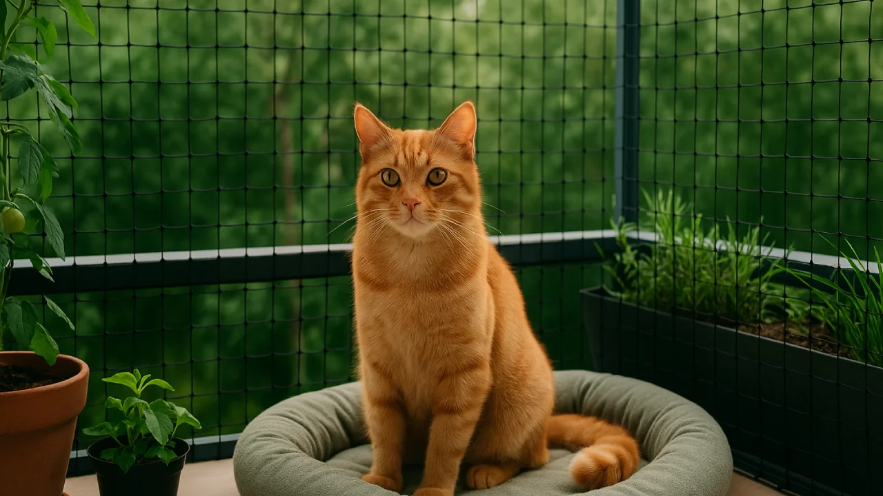 Kot na zabezpieczonym balkonie z siatką i roślinami