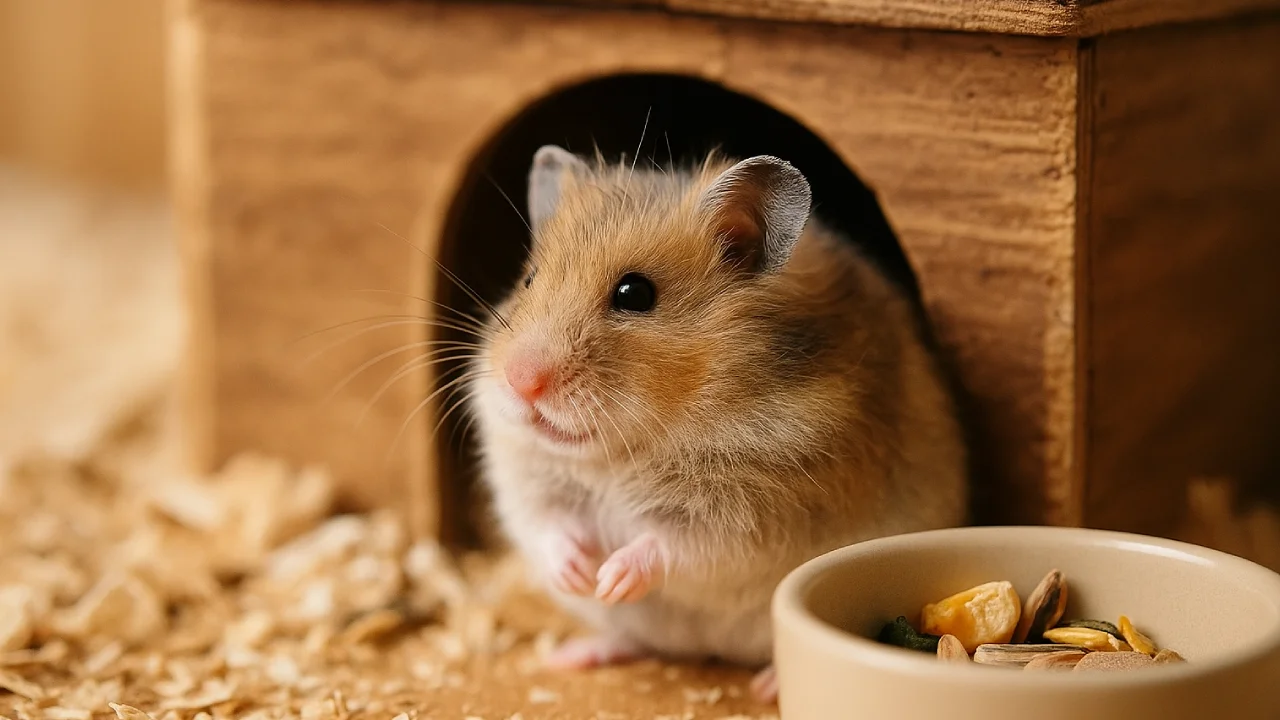 Starszy chomik odpoczywa przy misce – spokojna starość w dobrych warunkach