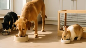 Pies, kot i królik jedzą osobno w kuchni – organizacja karmienia zwierząt w domu