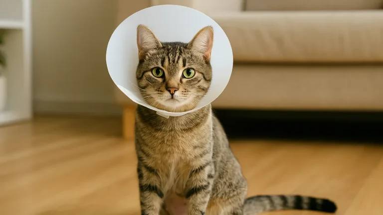 Kot po kastracji siedzi spokojnie w domu, w kołnierzu ochronnym