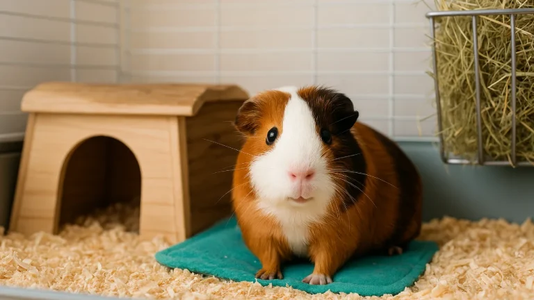 Świnka morska w dobrze urządzonej klatce z domkiem i paśnikiem