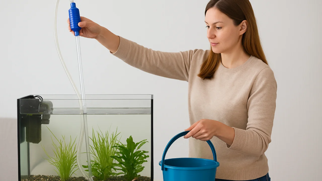 Kobieta wymieniająca wodę w akwarium przy pomocy odmulacza i wiadra