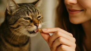 Kot liżący przysmak z ręki swojej opiekunki w ciepłym, domowym wnętrzu