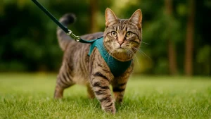 Kot na spacerze w szelkach i na smyczy – spokojne otoczenie