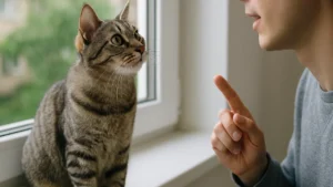 Kot reagujący na swoje imię, patrzy w stronę człowieka