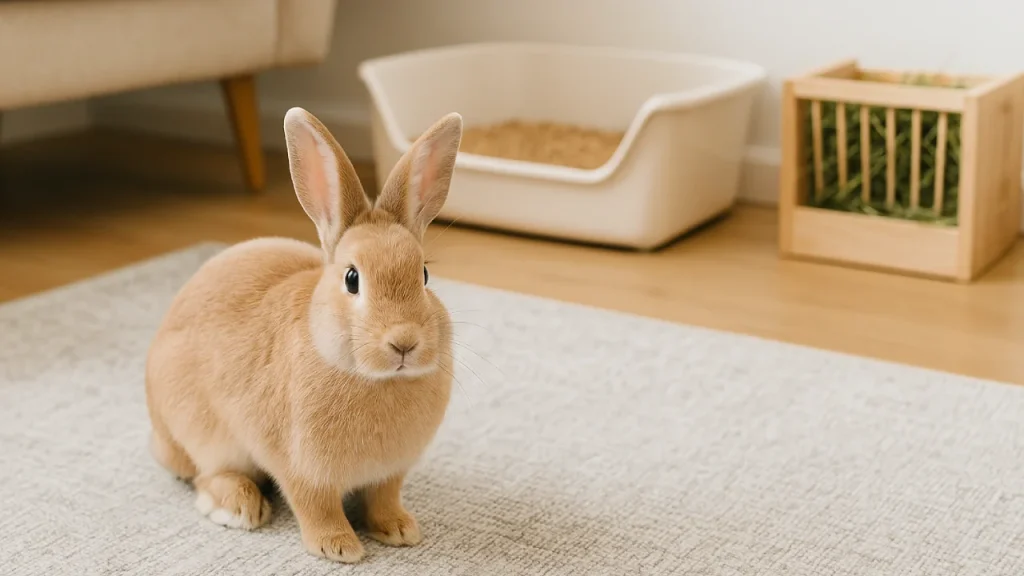 Królik mieszkający luzem w domu – siedzi obok swojej strefy