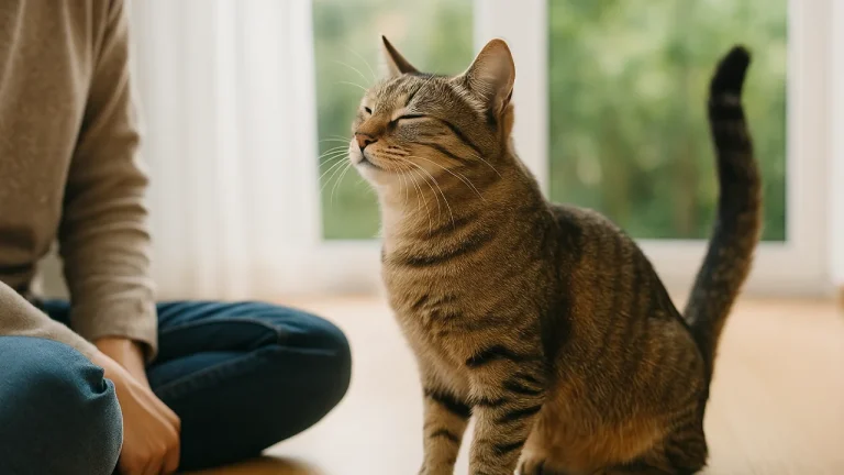 Kot pokazuje zaufanie przez mowę ciała – uniesiony ogon i mrugnięcie