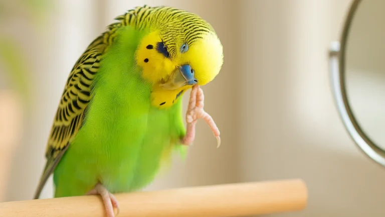 Papużka drapiąca się po głowie – zachowanie pielęgnacyjne