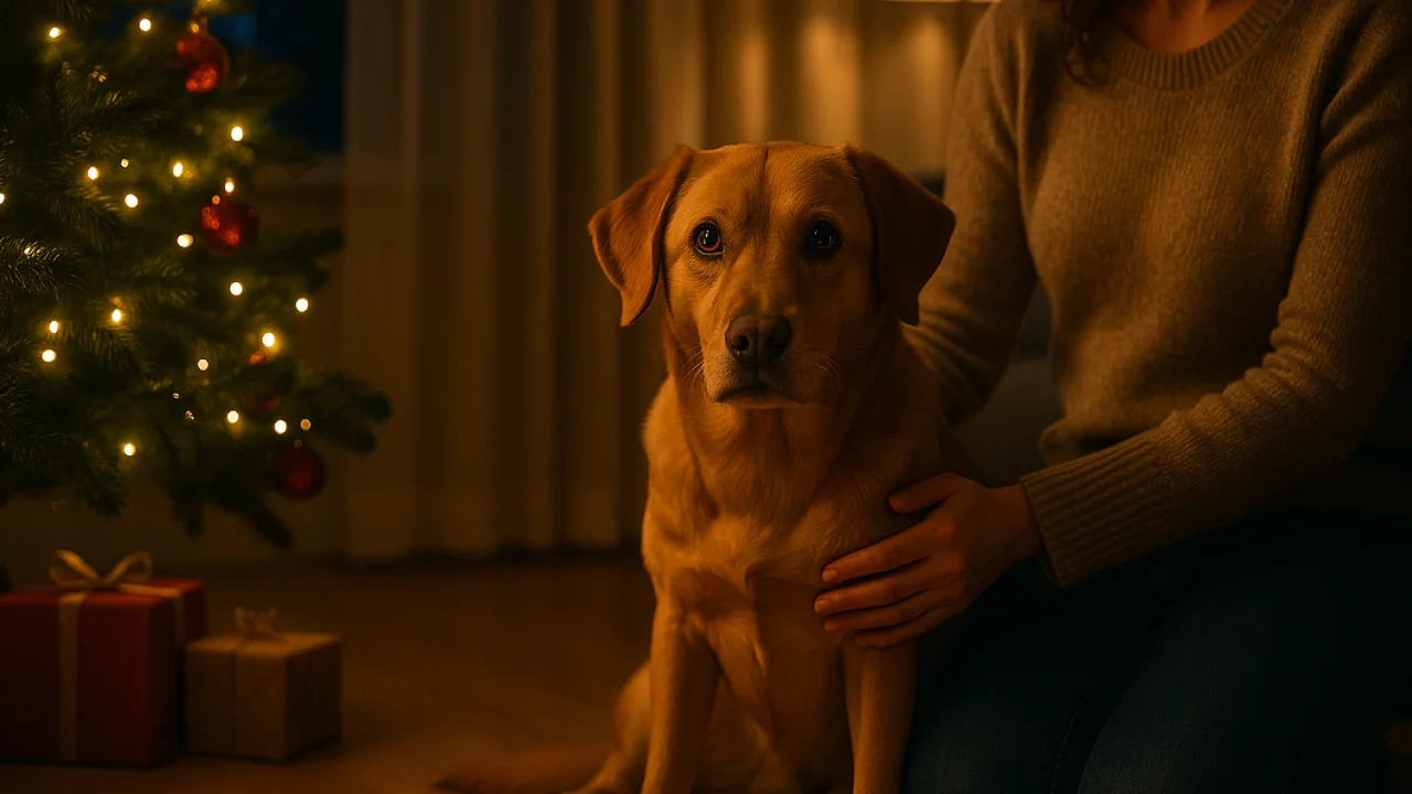 Pies przygotowany na Sylwestra siedzi wieczorem przy choince