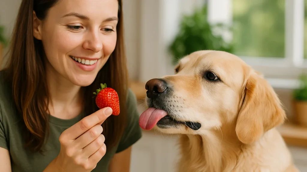 Pies patrzy na truskawkę – bezpieczna owocowa przekąska