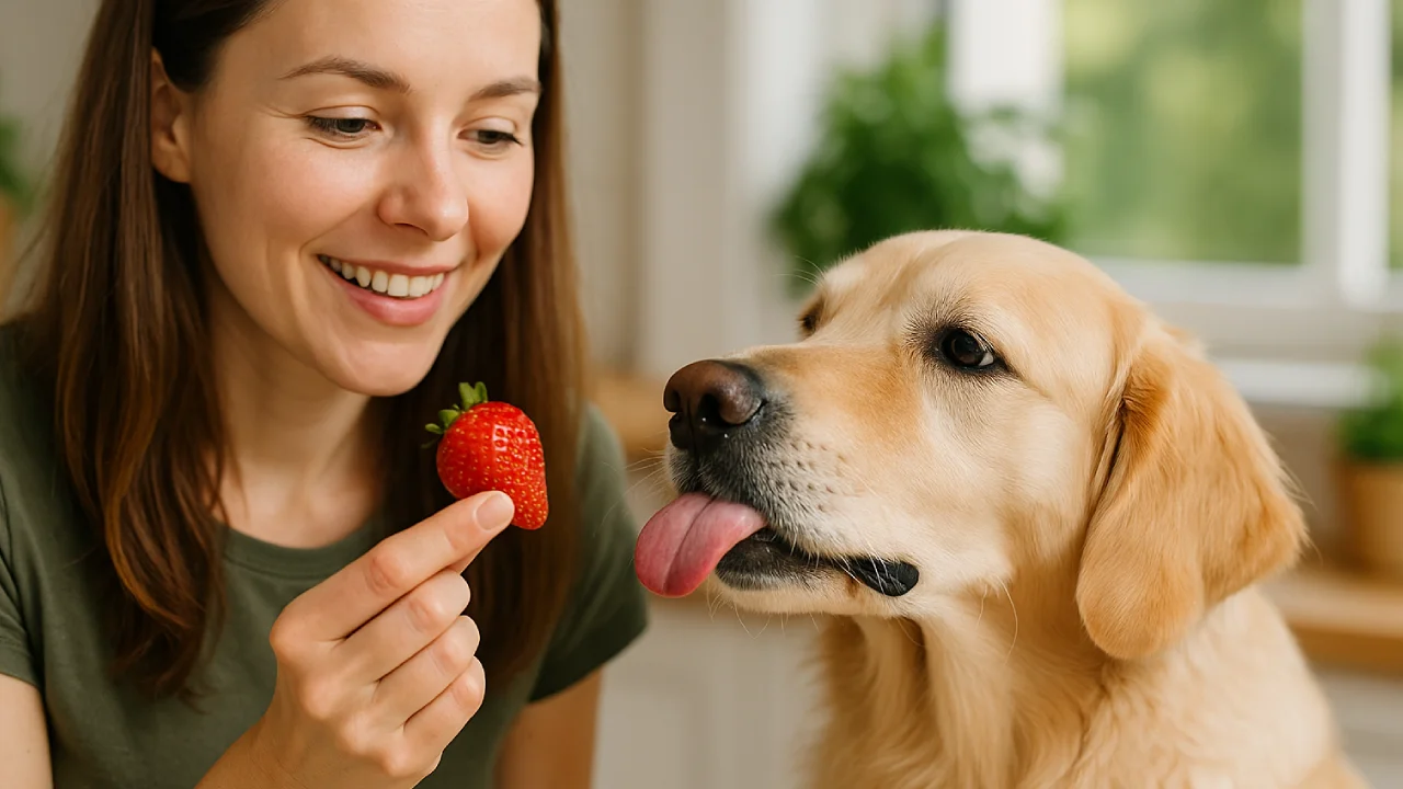 Pies patrzy na truskawkę – bezpieczna owocowa przekąska