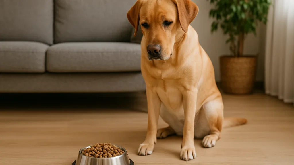 Pies nie chce jeść i siedzi przy pełnej misce