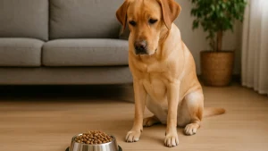 Pies nie chce jeść i siedzi przy pełnej misce