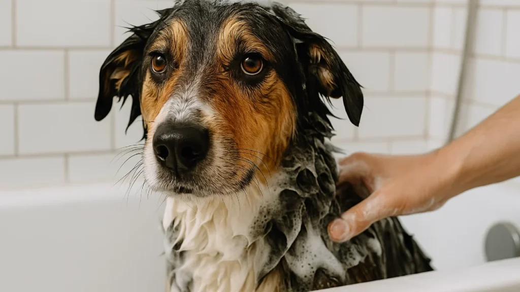 Pies podczas kąpieli, zmoczony i spieniony, z ludzką dłonią w tle
