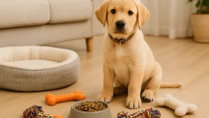 Szczeniak w nowym domu z wyprawką i legowiskiem