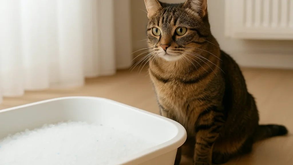 Kuweta z żwirkiem silikonowym i kotem obok – higieniczne rozwiązanie