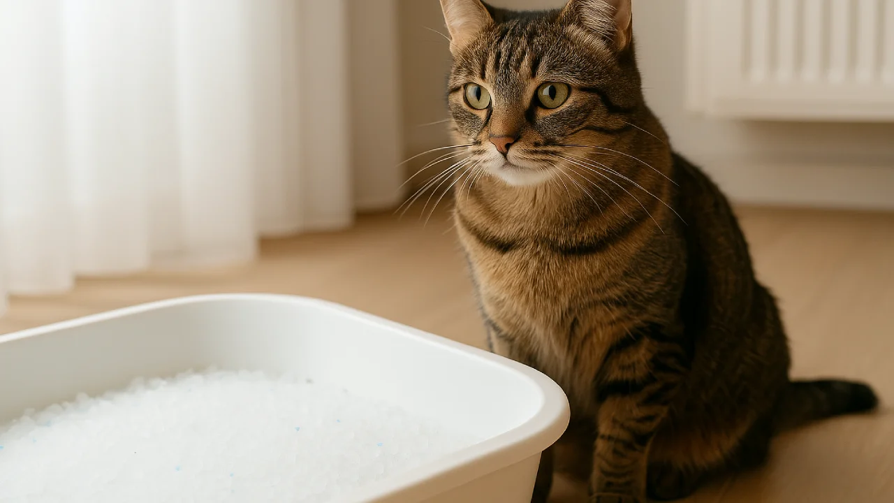 Kuweta z żwirkiem silikonowym i kotem obok – higieniczne rozwiązanie